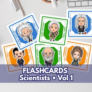 Può includere: Un set di sei flashcard quadrate con illustrazioni in stile cartoon di scienziati tra cui Albert Einstein, Jane Goodall, Isaac Newton, Nikola Tesla, Charles Darwin e Ada Lovelace, ciascuna con nome e anni di nascita e morte stampati.