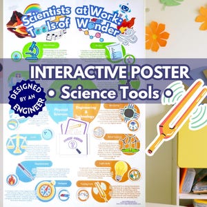 Può includere: Un poster educativo intitolato Scientists at Work: Tools of Wonder con illustrazioni colorate di attrezzature scientifiche come microscopio, becher, bilancia, termometro, bussola e diapason, accompagnate da testo descrittivo.