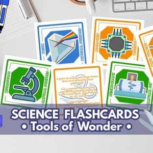 Può includere: Un set di flashcard scientifiche quadrate con illustrazioni colorate di un prisma, un microchip, una turbina eolica, un microscopio e un sismografo, complete di etichette e testi educativi stampati su ciascuna delle carte mostrate.
