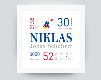 Geburtsposter RAKETE blau | personalisiertes Geschenk zur Geburt | für das neugeborene Baby | Poster Kinderzimmer | Paten Großeltern Freunde