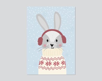 Weihnachtskarte HASE A6 | Postkarte Weihnachten Kinder | Karte Winter Tiere Hase mit Pullover im Schnee | Grußkarte Weihnachtsgeschenk