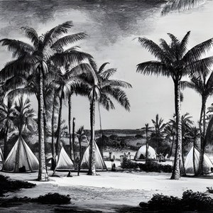 A desert oasis with palm trees surrounding a crystal-clear lagoon at night
