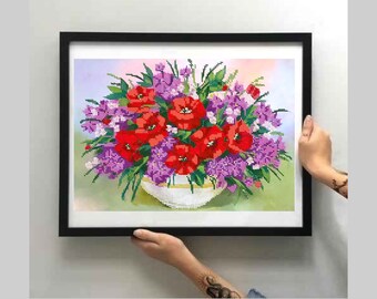 Vibrant Poppy Blooms: DIY Bead Embroidery Kit for Stunning Home Decor