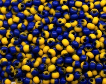 10/0 83730 Preciosa Cuentas de vidrio checo Rocailles 2,3 mm. Rayas azules y amarillas.