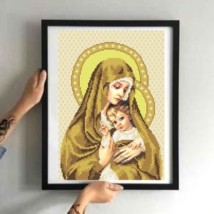 Kit de bordado de cuentas &quot;Virgen con el Niño Jesús&quot;. Tamaño: 22-31 cm (8,7-12,2 pulgadas). Colores de cuentas: 6. Decoración del hogar.