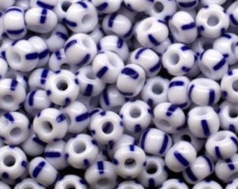 2/0 03330 Preciosa Czech Glass Seed Beads 6.1mm Rocailles, Blue Stripes on Chalkwhite, Large Round Rocaille Beads for Jewelry Making