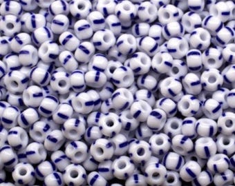6/0 03330 Preciosa Cuentas de vidrio checo Rocailles 4,1 mm. Blanco Azul Rayado Opaco.