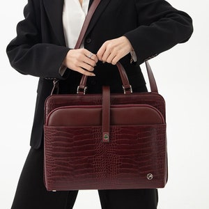 Sac messager en cuir, porte-documents pour femme, MacBook Pro 15 pouces 13 pouces 14 pouces avec manches en cuir, sac fourre-tout avec fermeture éclair, porte-documents vintage burgundy