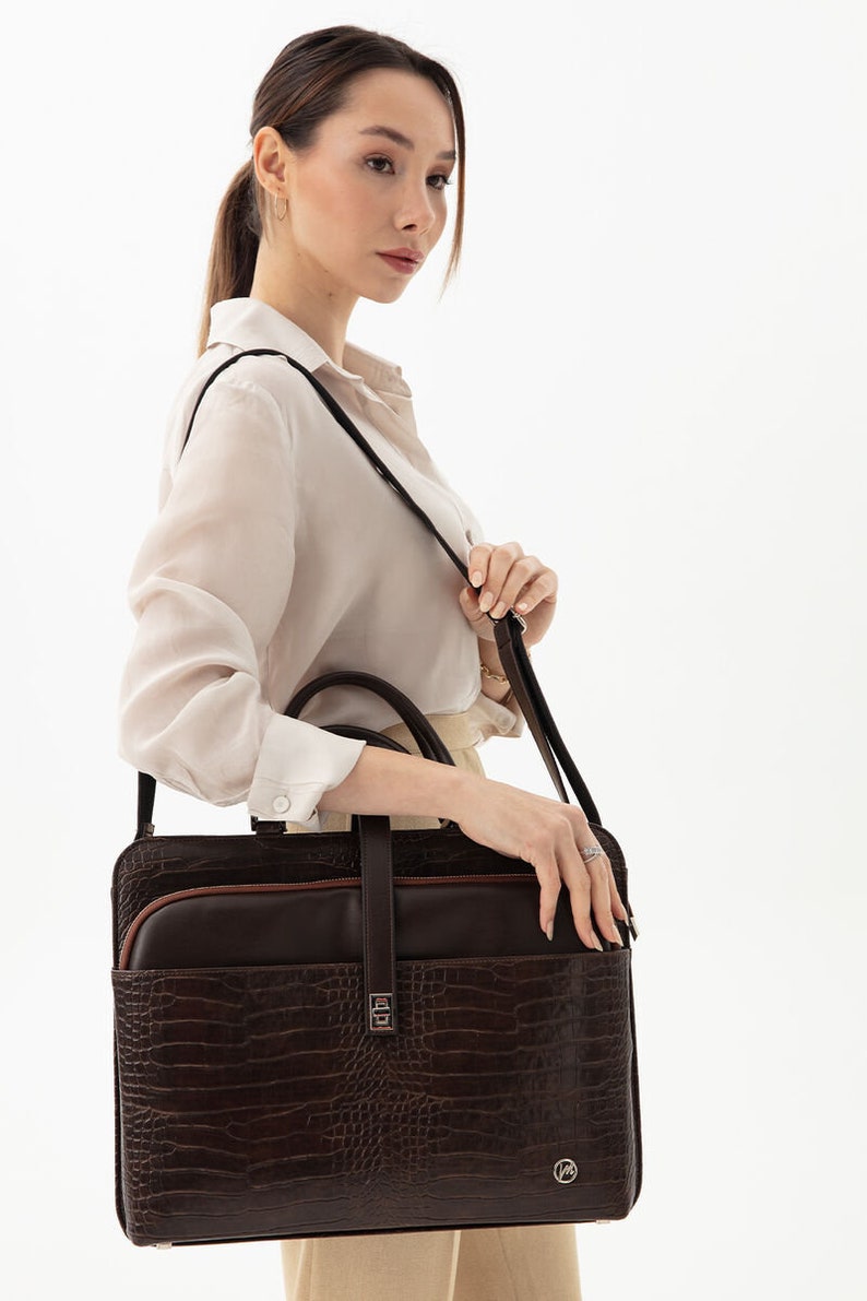 Sac messager en cuir, porte-documents pour femme, MacBook Pro 15 pouces 13 pouces 14 pouces avec manches en cuir, sac fourre-tout avec fermeture éclair, porte-documents vintage dark coffee