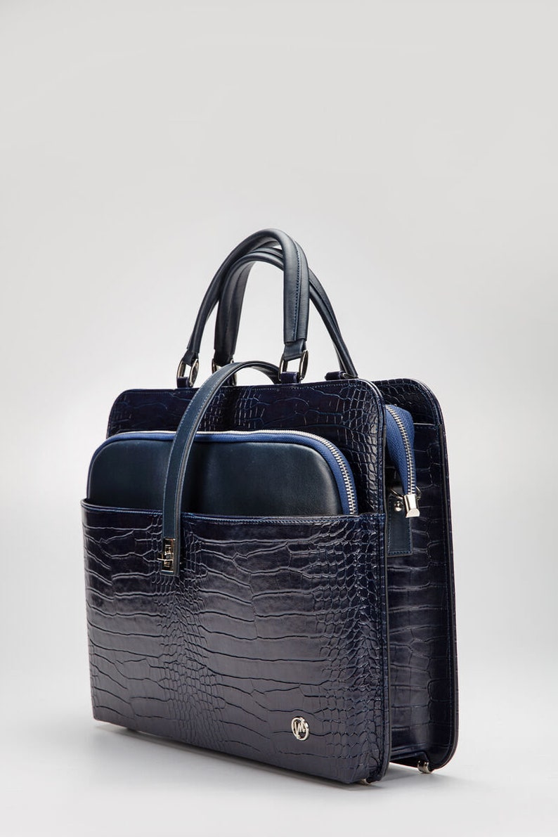 Sac messager en cuir, porte-documents pour femme, MacBook Pro 15 pouces 13 pouces 14 pouces avec manches en cuir, sac fourre-tout avec fermeture éclair, porte-documents vintage Navy blue