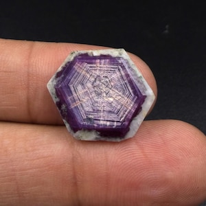 May include: A hexagonal gemstone featuring a deep purple centre with a distinct geometric pattern of concentric lines. The stone has a white, opaque border surrounding the purple core, showcasing a natural crystalline structure and texture.