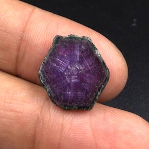 May include: A hexagonal, deep purple gemstone slice featuring a distinct star-like pattern radiating from the centre. The stone has a rough, dark, and textured outer edge, showcasing natural crystalline growth patterns within the translucent surface.