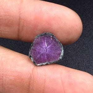 May include: A raw, unpolished gemstone with a deep purple and magenta hue, featuring a distinct six-rayed star pattern visible on its surface. The stone has an irregular, rounded shape with a dark, textured edge and a translucent, crystalline interior.
