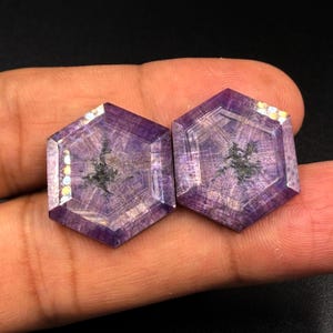 May include: Two hexagonal cut purple sapphires with visible internal inclusions and geometric facet patterns. The gemstones display a translucent quality with deep violet hues and dark, branching mineral patterns centered within each stone.