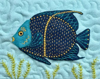 French Angelfish PDF Pattern: Wool Appliqué and Embroidery Small Quilt