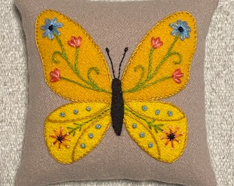 Butterfly Garden Wool Appliqué Pincushion Kit with pattern and materials for hand embroidery yellow butterfly