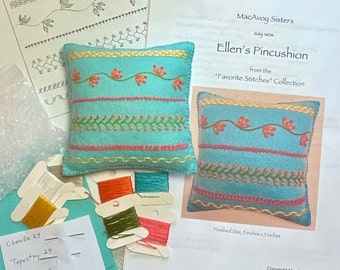 Ellen’s Pincushion Kit with Materials and Pattern for Hand Embroidery on Wool Felt