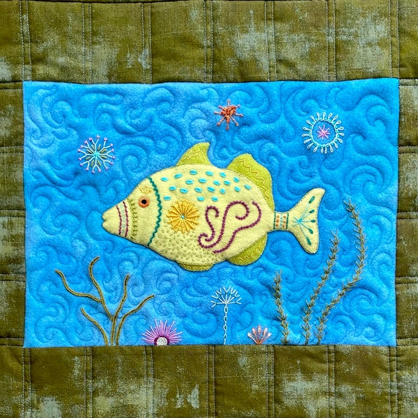 Fantasy Fish Wool Appliqué and Embroidery PDF Pattern for small quilt