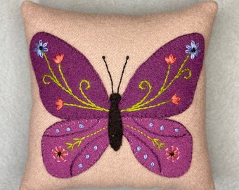 Butterfly Garden Wool Appliqué Pincushion Kit with pattern and materials for hand embroidery purple butterfly