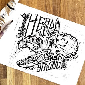 Dinosaur Skull Handmade Linocut Print | A4 Size | Triceratops Blockprint | Linoprint Dino