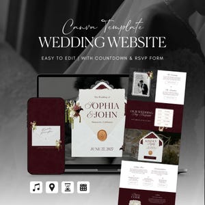 May include: A wedding website template shown on a laptop and smartphone. The design uses burgundy and white, with an invitation featuring the names "Sophia & John" and the date "June 27, 2027". The text "WEDDING WEBSITE" is displayed prominently.