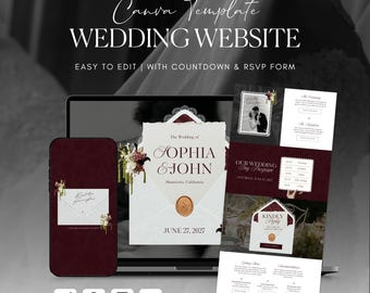 Old Money Burgundy Wedding Website Template · Canva Digital Invitation with RSVP form & Countdown timer