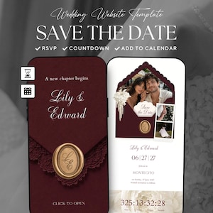 May include: Two smartphone screens displaying a wedding website template. The left screen shows a deep red envelope graphic with a gold wax seal and the text Lily & Edward. The right screen features a photo of a couple, the date 06|27|27, and a countdown.