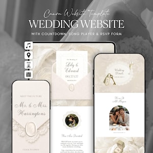 Hochzeitswebsite-Vorlage „Elfenbeinspitze“ (Canva) · Digitale Hochzeitseinladung mit Antwortmöglichkeit und Countdown
