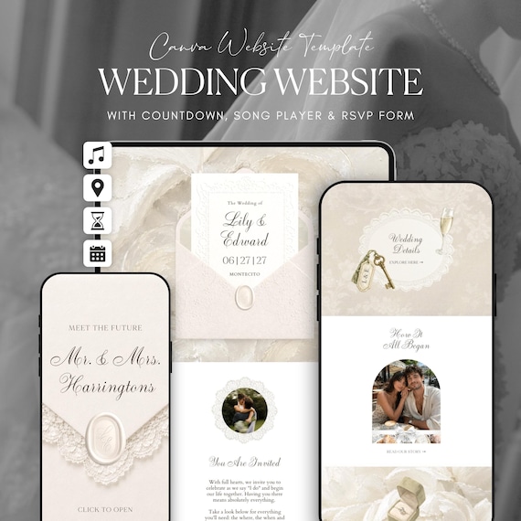 Ivory Lace Wedding Website Template Canva · Digital Wedding Invitation with RSVP & Countdown