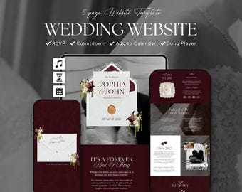 Old Money Burgundy Wedding Website Template · Canva Digital Invitation with RSVP,  Countdown & Music Player