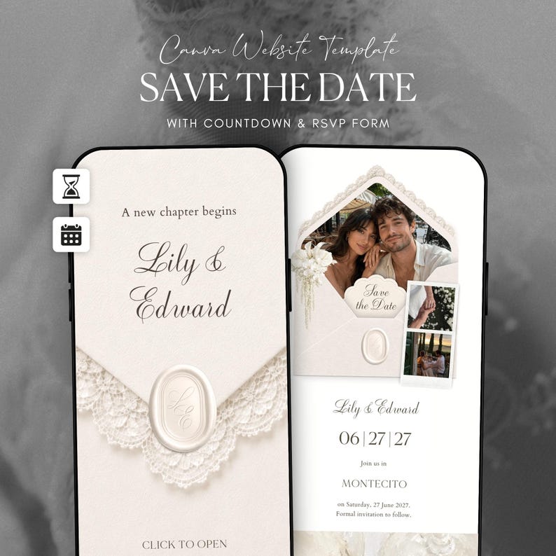 May include: A digital Save the Date website template for mobile devices featuring an envelope design with lace trim, a wax seal, and the text Lily & Edward. The interface includes a countdown, RSVP form, photo placeholders, and event details for June 27, 2027.