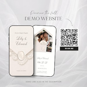 May include: Two smartphones displaying a wedding website demo with cream-colored envelopes, lace details, and wax seals. The screens show the names Lily & Edward, a date of 06|27|27, and a location of MONTECITO. A QR code with the text SCAN ME is included.