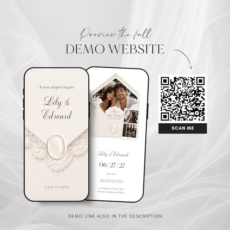 May include: Two smartphones displaying a wedding website demo with cream-colored envelopes, lace details, and wax seals. The screens show the names Lily & Edward, a date of 06|27|27, and a location of MONTECITO. A QR code with the text SCAN ME is included.