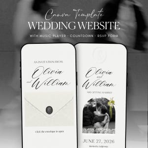 Plantilla de sitio web de boda con monograma en relieve en blanco y negro · Invitación digital de Canva con confirmación de asistencia y cuenta regresiva