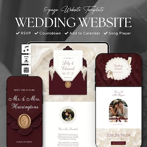 May include: A 5-page wedding website template displayed on three digital screens. The design features a deep burgundy color palette with white accents, lace details, and a gold wax seal graphic. Text includes "Wedding Website," "RSVP," "Countdown," and "Mr. & Mrs. Harringtons."