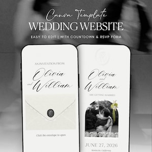 Op de afbeelding: Een Canva-sjabloon voor een trouwwebsite weergegeven op twee smartphones. De schermen tonen de tekst "Canva Template WEDDING WEBSITE", "AN INVITATION FROM Olivia and William" en "Olivia and William ARE GETTING MARRIED" met de datum 27 JUNI 2026.