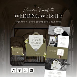 May include: A Canva template for a wedding website, displayed on a laptop, phone, and printouts. The design features an olive green envelope with the names "Camille & Louis" and the date "June 27, 2027". The website is easy to edit and includes a countdown and RSVP form.