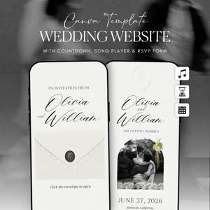 Zwart-wit trouwwebsite-sjabloon met reliëfmonogram · Digitale uitnodiging van Canva met RSVP en aftelfunctie