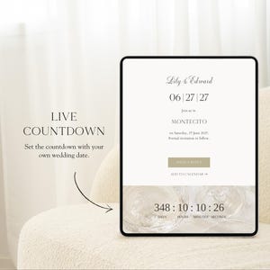 May include: A digital tablet screen displaying a wedding countdown interface with the names Lily & Edward, the date 06|27|27, location Montecito, and a live countdown timer showing 348 days, 10 hours, 10 minutes, and 26 seconds over a glass background.