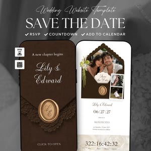 Peut inclure: Un modèle de site web de mariage numérique affiché sur deux smartphones. L'écran de gauche montre une enveloppe brune avec un sceau en cire dorée et le texte A new chapter begins Lily & Edward. L'écran de droite affiche une photo et un compte à rebours.