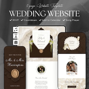 May include: A 5-page wedding website template displayed on a tablet and two smartphones. The design features a dark brown color scheme with white text, including the headings Wedding Website, RSVP, Countdown, Add to Calendar, and Song Player.