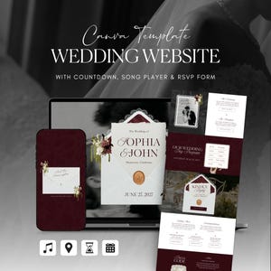 May include: A digital wedding website Canva template featuring a deep burgundy and white color scheme. The design includes sections for a countdown, song player, and RSVP form, with text displaying "The Wedding of SOPHIA & JOHN" and "JUNE 27, 2027".