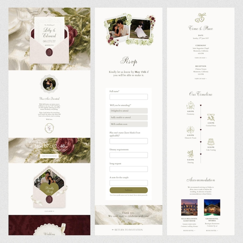 Olive Green Burgundy Wedding Website Template Canva · Digital Wedding Invitation with RSVP & Countdown image 8