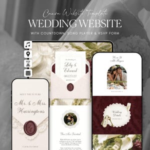 Modèle de site web de mariage vert olive bordeaux Canva · Invitation de mariage numérique avec RSVP et compte à rebours