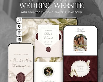 Olive Green Burgundy Wedding Website Template Canva · Digital Wedding Invitation with RSVP & Countdown