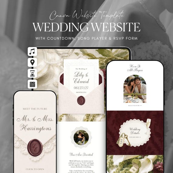 Olive Green Burgundy Wedding Website Template Canva · Digital Wedding Invitation with RSVP & Countdown