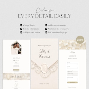 May include: A digital wedding invitation template featuring three vertical panels with cream and white tones. Text includes "Customize EVERY DETAIL EASILY," "A new chapter begins," "Lily & Edward," and "RSVP." Features include a wax seal graphic, lace accents, and a countdown timer.
