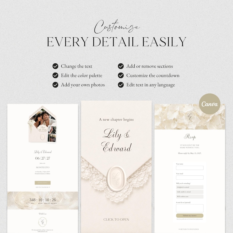 May include: A digital wedding invitation template featuring three vertical panels with cream and white tones. Text includes "Customize EVERY DETAIL EASILY," "A new chapter begins," "Lily & Edward," and "RSVP." Features include a wax seal graphic, lace accents, and a countdown timer.