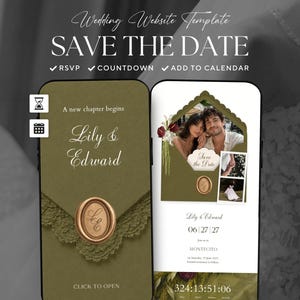Op de afbeelding: Een digitale trouwwebsite-sjabloon weergegeven op twee smartphones. Het ontwerp bevat een olijfgroene envelop met een waszegel, kanten rand en de tekst "A new chapter begins Lily & Edward". De interface bevat iconen voor RSVP, countdown en kalender.
