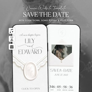 Może przedstawiać: Cyfrowy szablon strony internetowej Save the Date w serwisie Canva wyświetlony na dwóch smartfonach. Ekrany zawierają tekst Lily and Edward, grafikę pieczęci lakowej, zdjęcie pary, licznik czasu oraz ikony odtwarzacza muzyki i kalendarza.